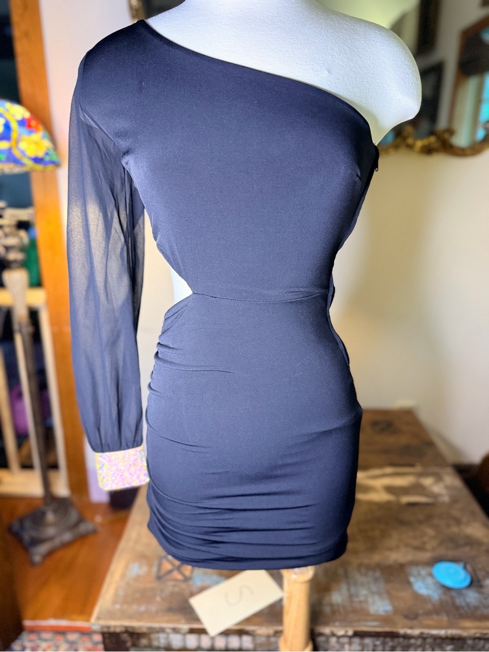 One-Shoulder Black Bodycon Dress w/Rhinestone Cuff and Waist Cutout